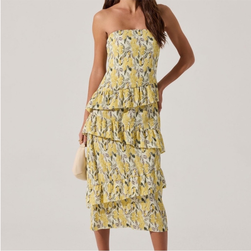 ASTR Floral Plisse Asymmetrical Tiered Ruffle Yellow Strapless Dress